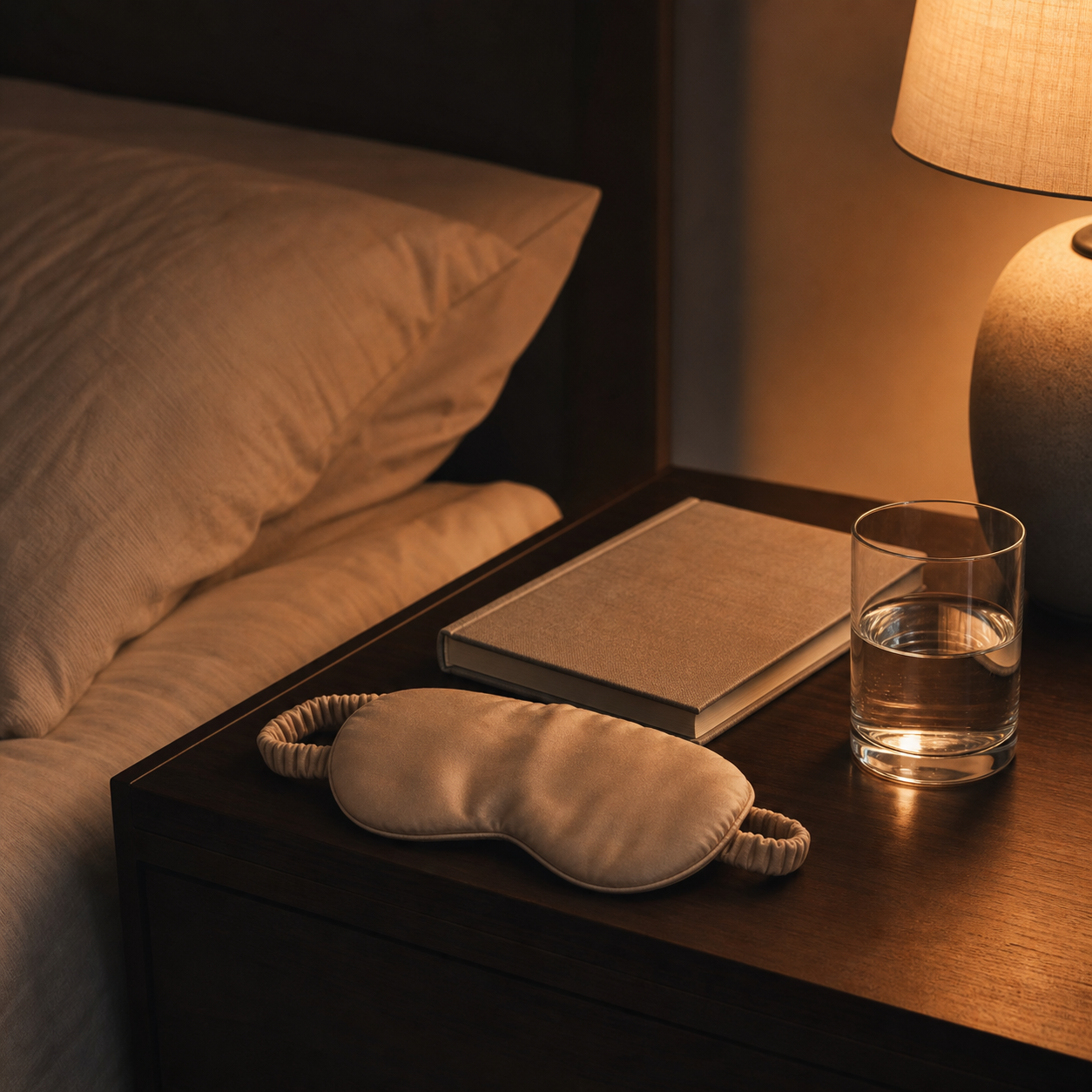 Unbranded sleep mask on an amber-lit bedside table