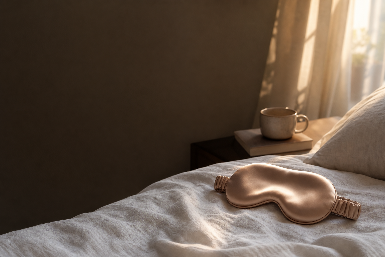 Unbranded satin sleep mask on linen in a calm bedroom