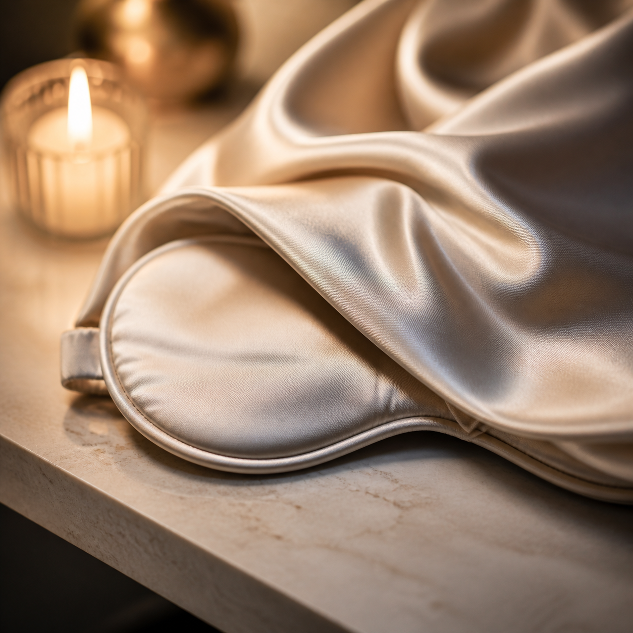 Close-up of unbranded soft satin fabric and sleep mask