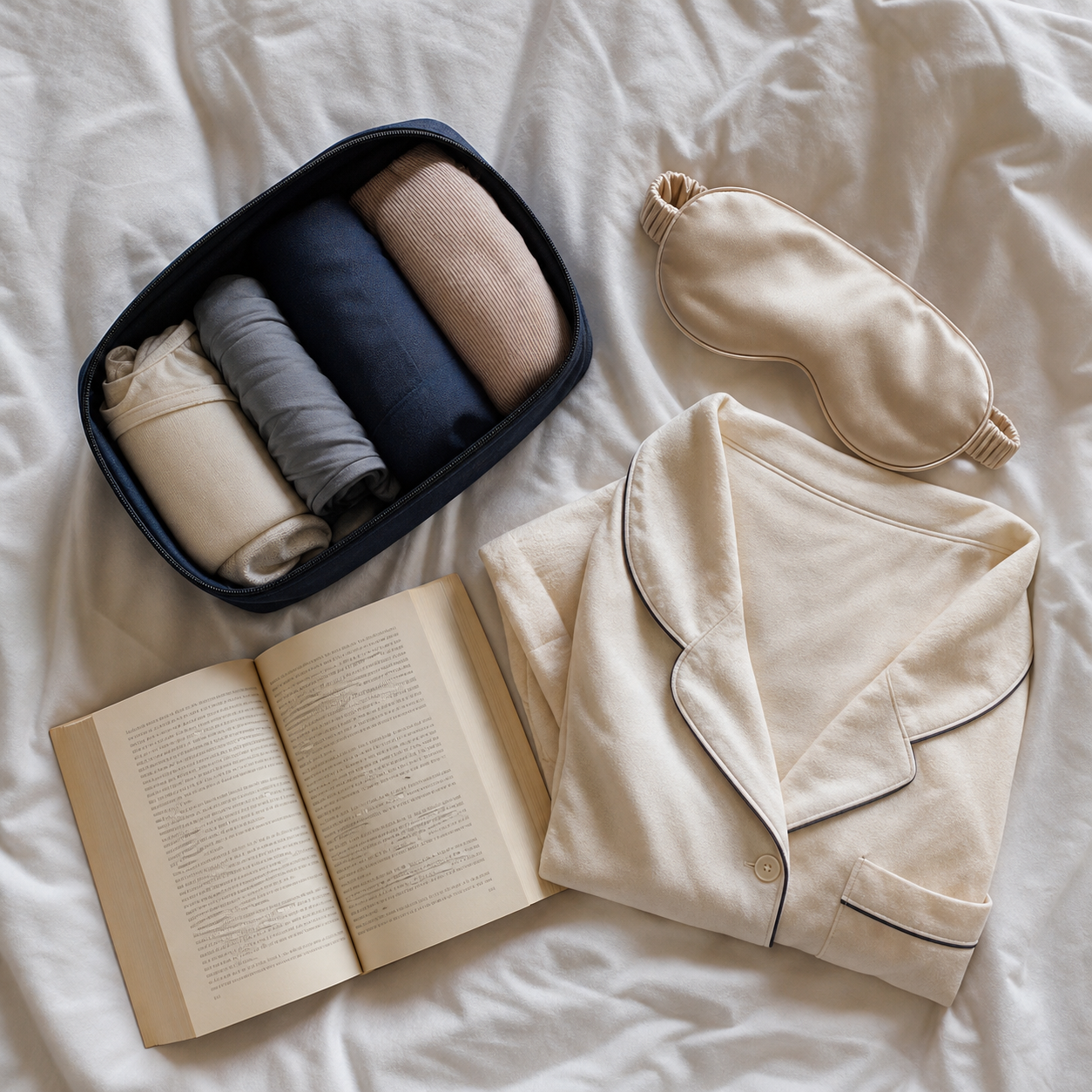 Unbranded travel pouch with sleep accessories on a hotel bed